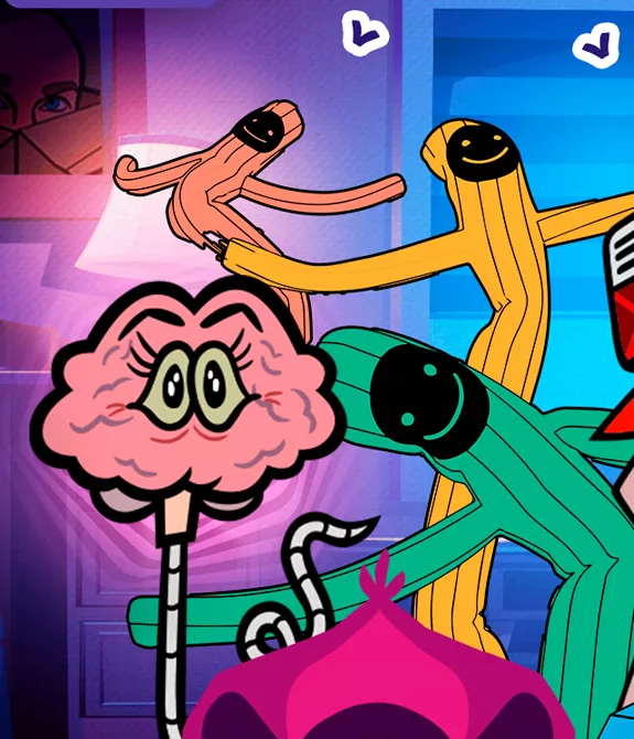 Vários personagens da Jackbox Games, com vários dos seus jogos descritos na lateral e a frase "eu falo português" em destaque.
