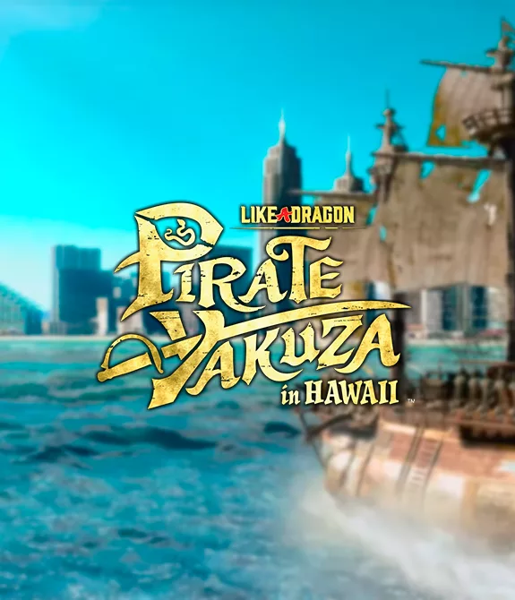 Navio pirata antigo em meio ao mar com a costa cheua de prédios modernos em Like a Dragon Pirate Yakuza in Hawaii