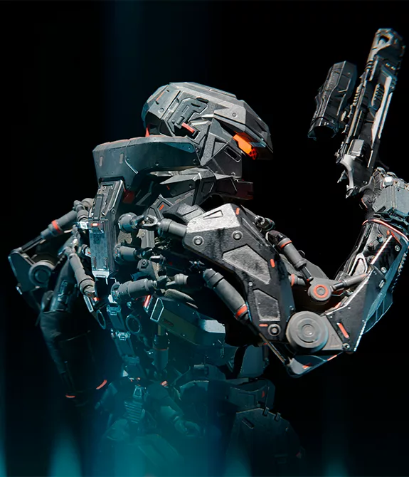 Soldado futurista olhando por cima do ombro e apontado uma arma para o alto e a logo de La Quimera à frente.
