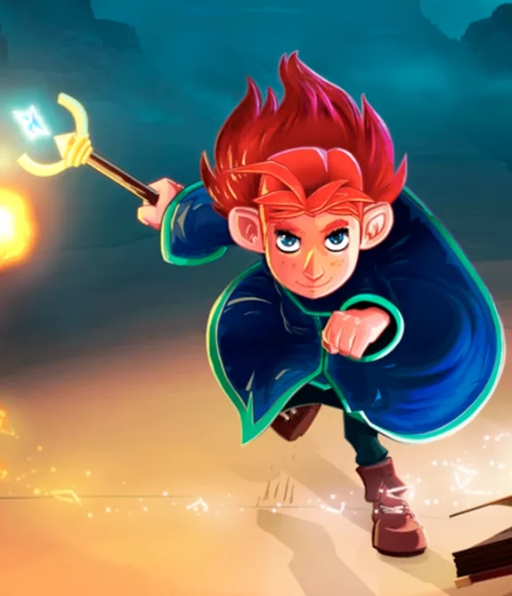 Zia, personagem de Mages of Mystralia usando seu livro de magias para encarar inimigos no deserto durante a noite.