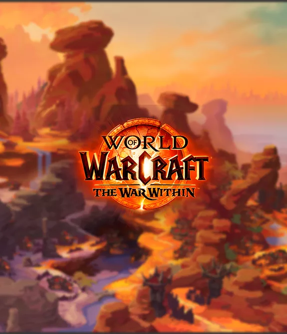 Imagem conceitual dos locais de moradia de World of Warcraft e a logo de The War Within.