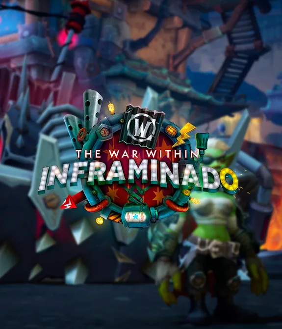 Fundo com carro goblin e uma personagem goblin e a logo de The War Within Inframinado.