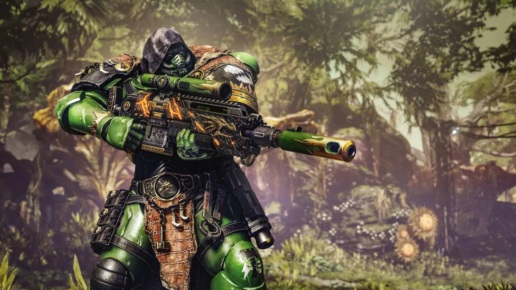 Um Space Marine com a armadura verde salamandra para snipers.