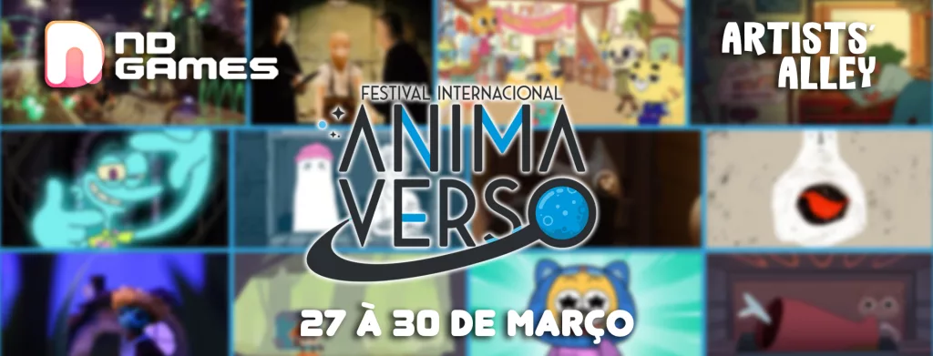 Banner do artists alley nd games animaverso, com as logos de ambas empresas e ao fundo imagens desfocadas de animações do festival