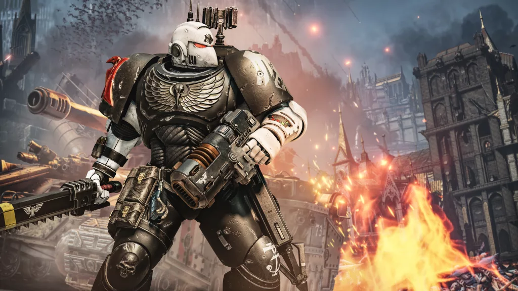 Um Space Marine com o pacote cosmético Raven Guard.