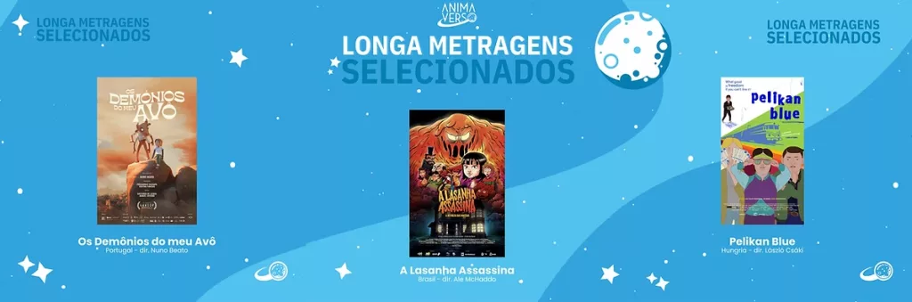 Banner azul com capas de três longas metragem de animação selecionados para o Animaverso 2025