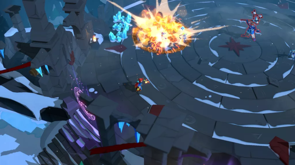 Zia lutando contra um chefe de fase em uma arena fria e com explosões.