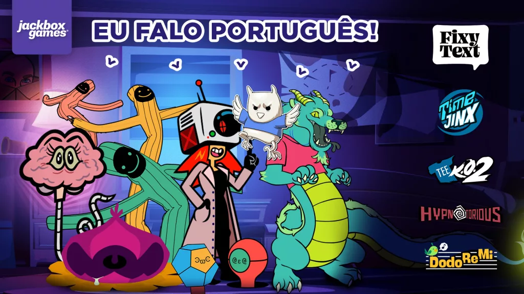 Vários personagens da Jackbox Games, com vários dos seus jogos descritos na lateral e a frase "eu falo português" em destaque.