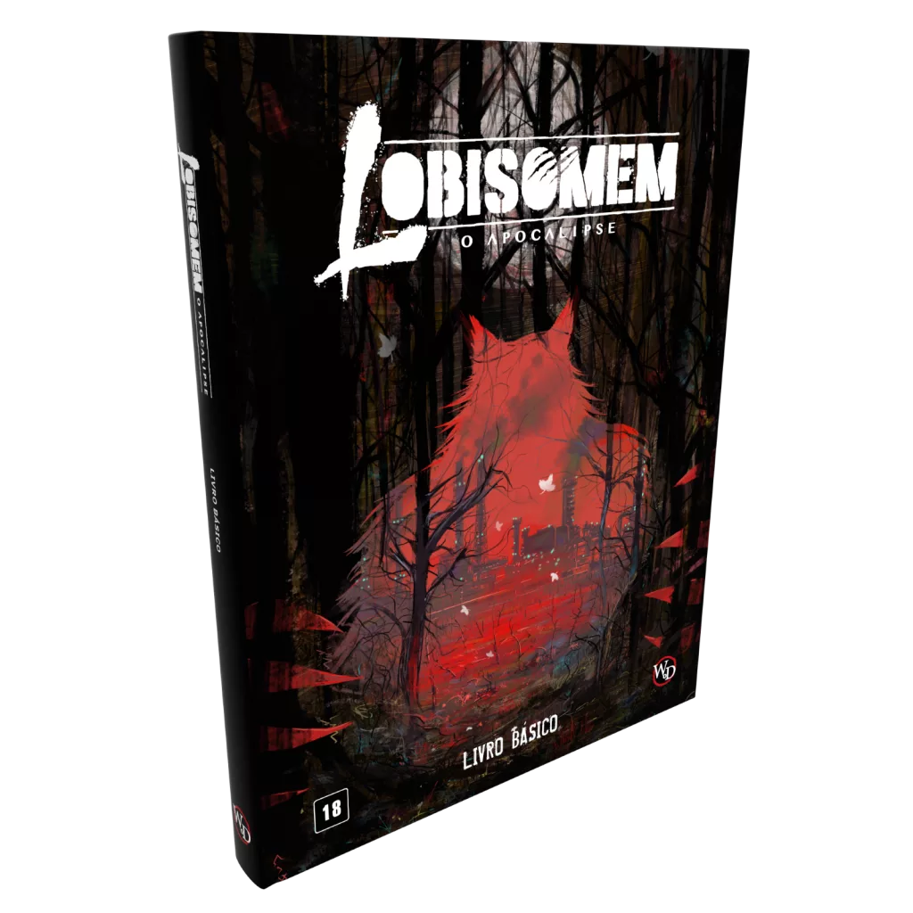 Livro Lobisomem O Apocalipse com uma capa de floresta, lua cheia e a silhueta de lobisomem entre as árvores.