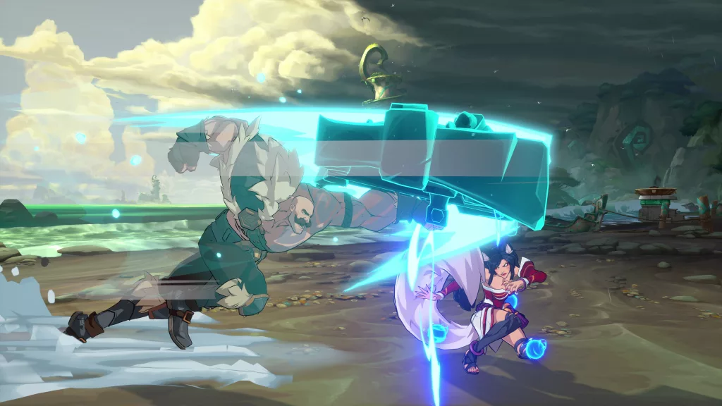 Personagens Braum e Ahri em uma luta numa praia.