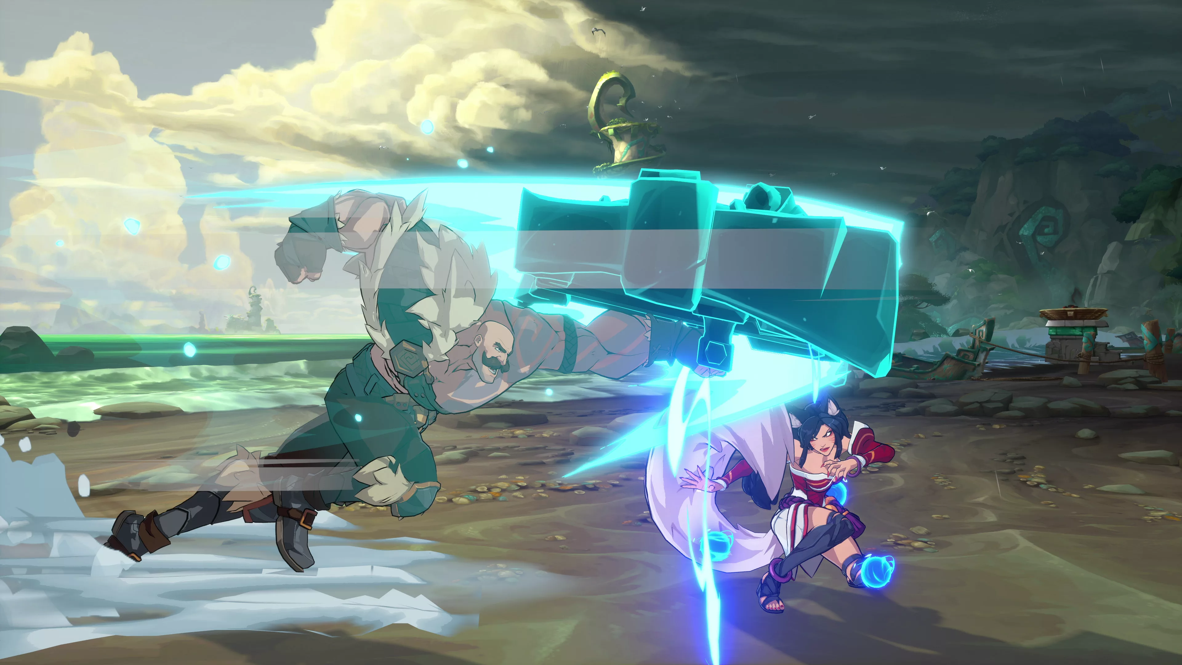 Personagens Braum e Ahri em uma luta numa praia.