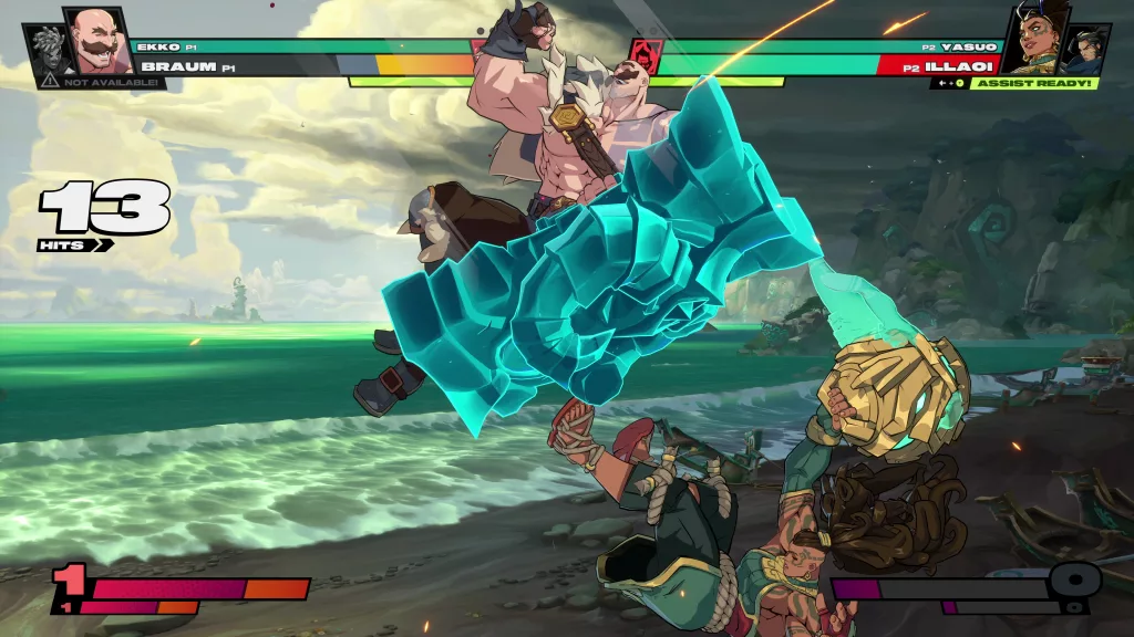 Hud do jogo na tela e Braum e Illaoi em luta em uma praia.