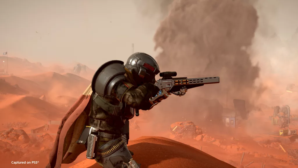 Soldado de Helldivers 2 com arma de longo alcance parecida com as antigas winchester.
