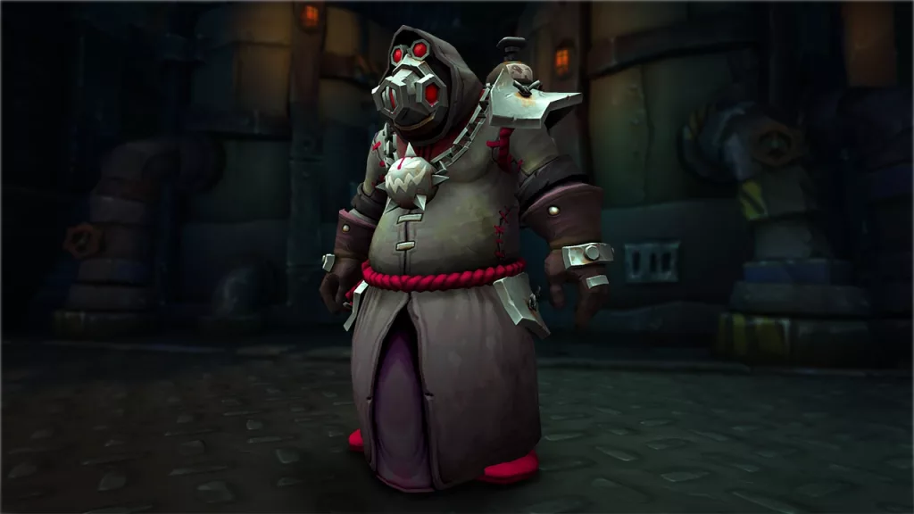 Personagem de Ralo da Ruela com roupas escuras, capuz e máscara de metal.