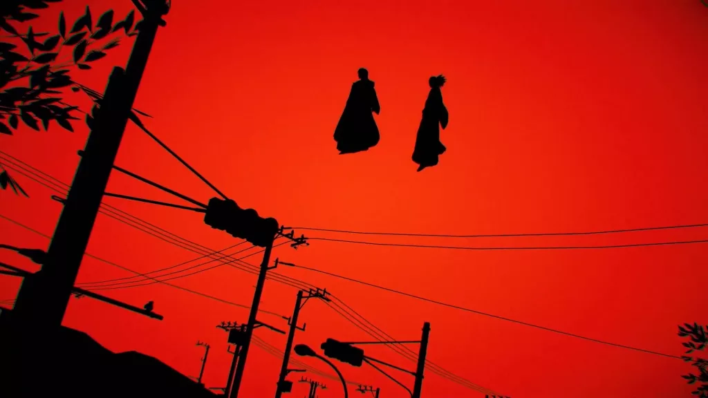 Imagem de dois personagens em sombra flutando no céu vermelho em meio a uma rua.