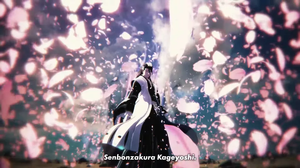 Byakuya lançando Senbonzakura Kageyoshi em meio à flores de cerejeira.