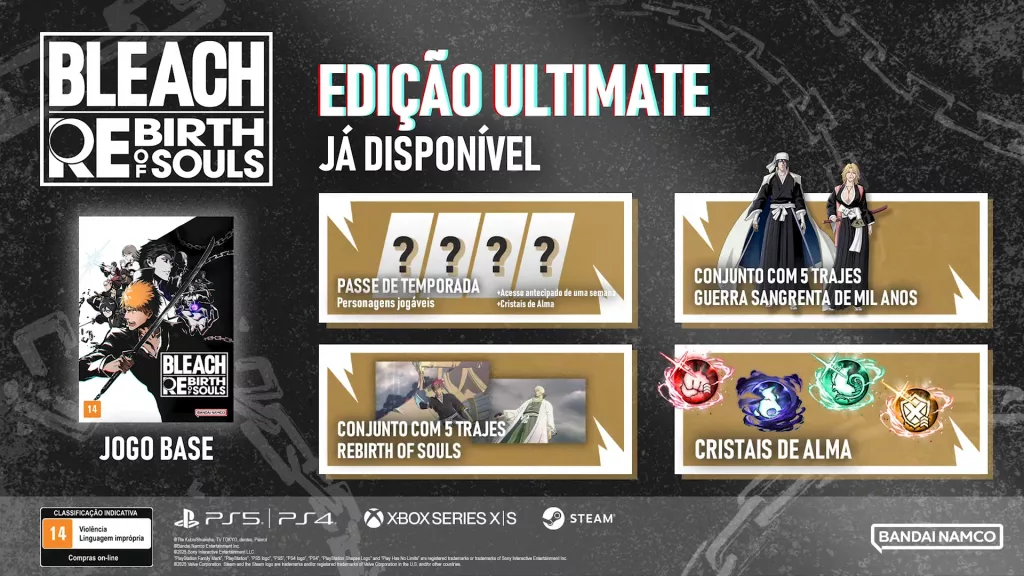 Imagem mostrando a Edição Ultimante do jogo, com passe de temporada, 2 conjunto de trajes e cristais de alma.