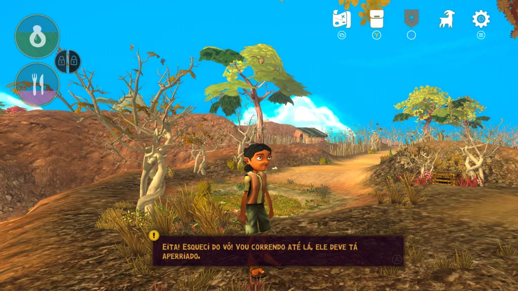 Cícera iniciando o jogo e o HUD mostrando questões de sobrevivência.