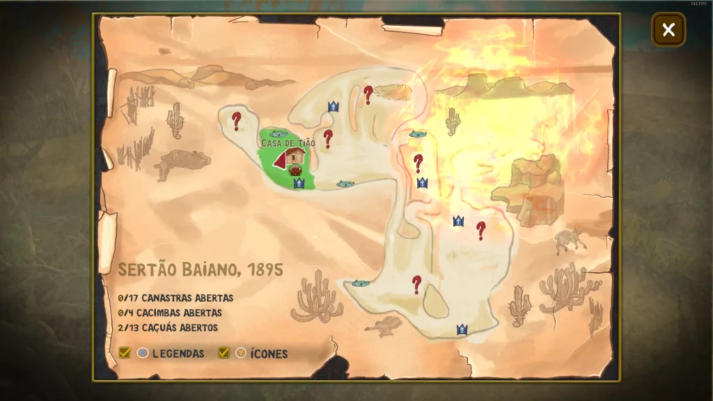 Mapa do jogo com detalhes como se fosse feito em papel, com legendas e ícones indicando itens importantes.