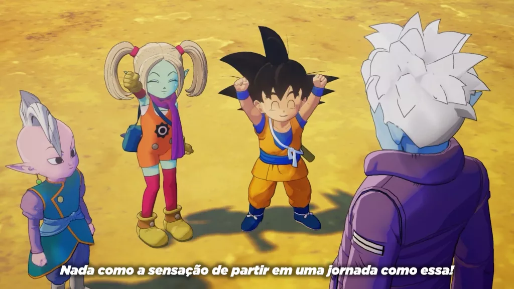 Goku e seus amigos Glorio, Shin e Panzy conversando no deserto.
