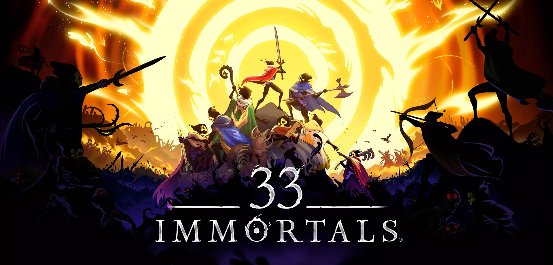 Arte principal de 33 immortals com vários personagens em uma montanha de corpos olhando para uma luz muito forte.