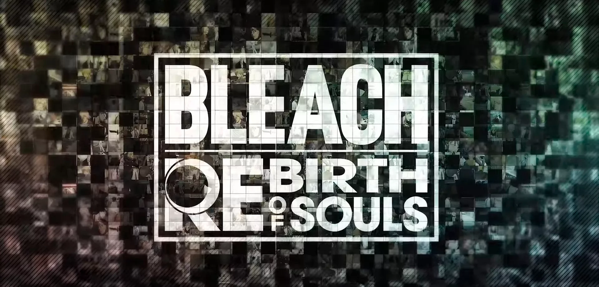 A logo de Bleach Rebirth of Souls à frente de vários quadrados de imagens do anime e do jogo.