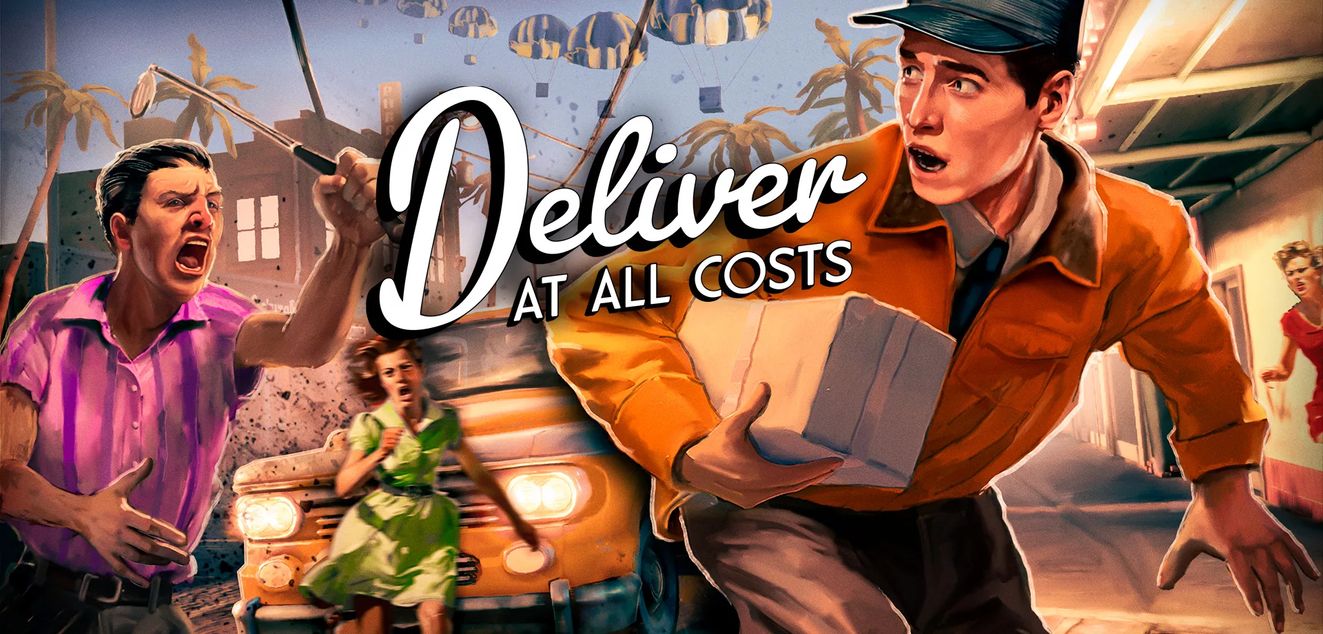 Entregador sendo perseguido por pessoas e um carro na capa de Deliver At All Costs.