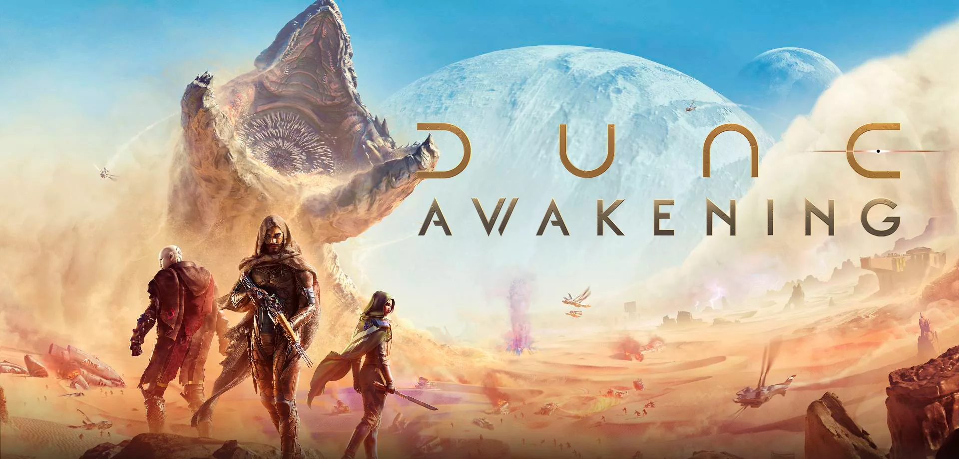Personagens de Dune: Awakening em Arrakis, junto do monstro da areia.