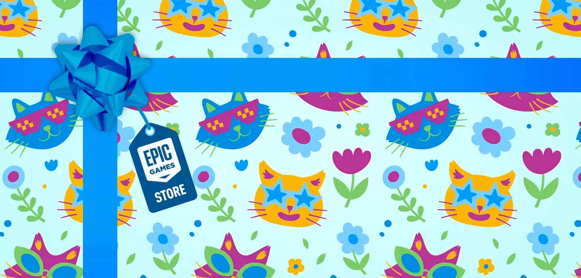 Embrulho de presente com gatinhos de óculos e um laço azul com etiqueta da Epic Games Store.