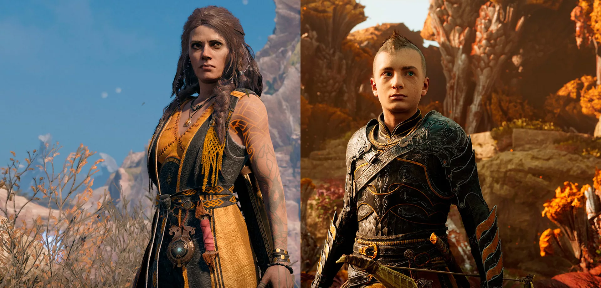 God of War Ragnarök Freya e Atreus com o tema da coleção Odisseia Negra.