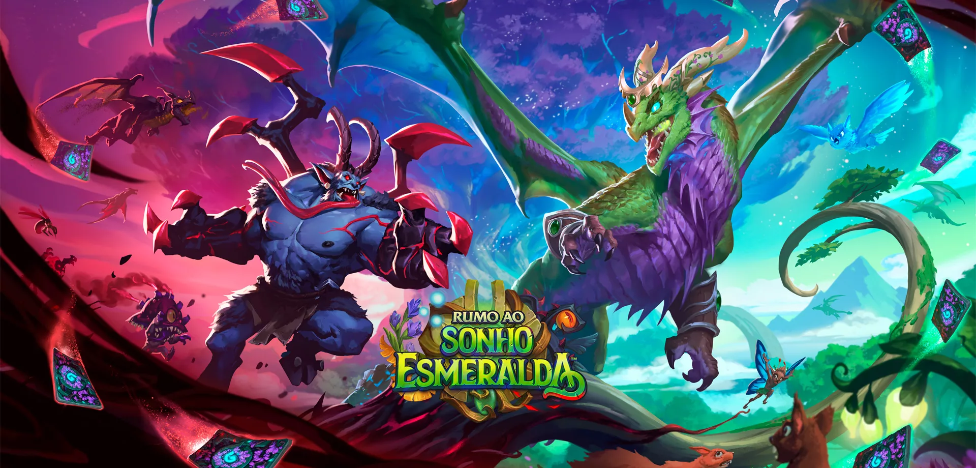 Um demônio e um dragão na capa de Hearthstone Rumo ao Sonho Esmeralda.