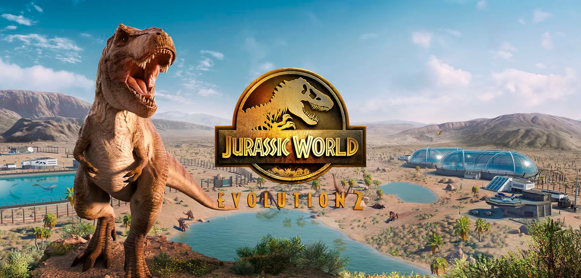 Capa de Jurassic World Evolution 2 com o Tiranossauro Rex em destaque mas com o parque logo atrás com vários outros dinossauros.