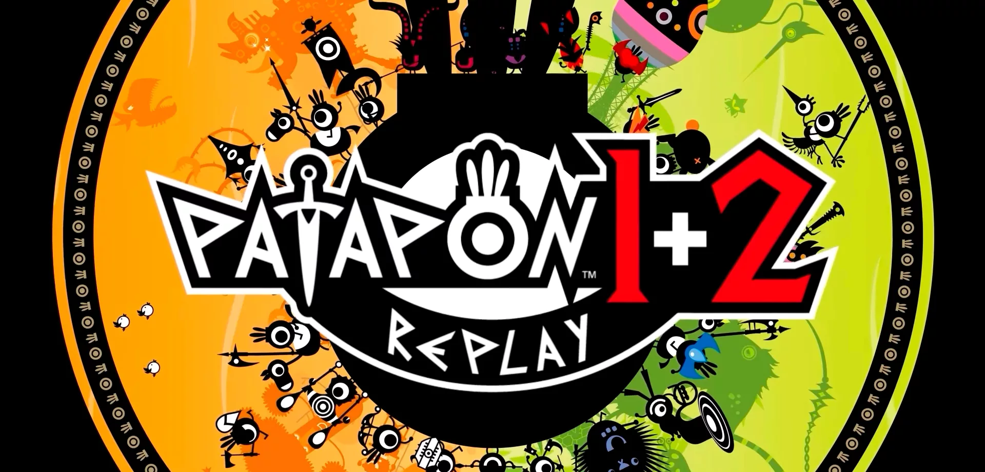Vários Patapons em volta da Logo de Patapon 1+2 Replay com tons de laranja e verde.