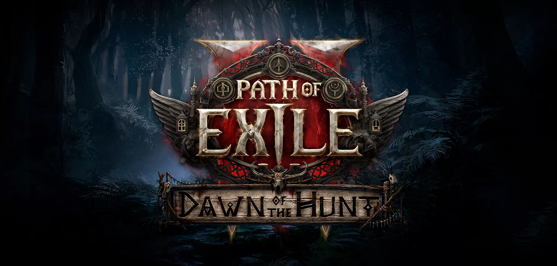 Logo de Path of Exile 2 O Despertar da Caçada com um fundo de uma floresta sombria.