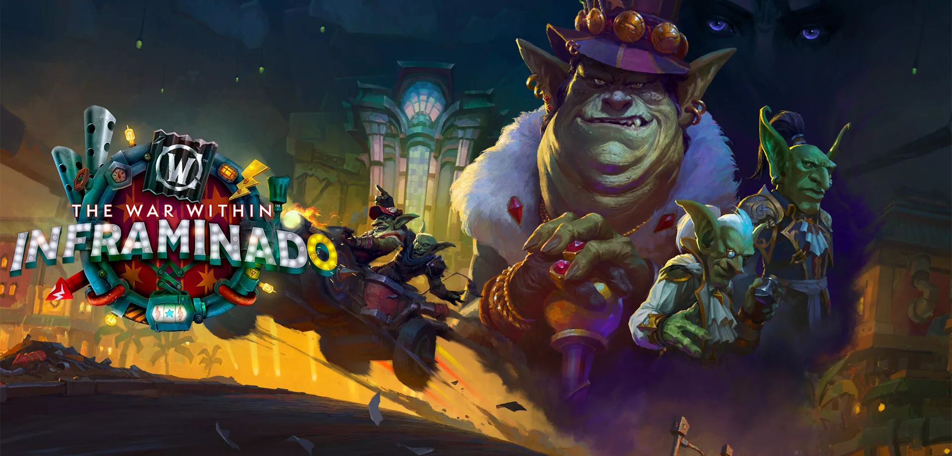 Gallywix ao fundo, junto dos seus capangas em Inframina e um olhar misterioso na escuridão em World of Warcraft.