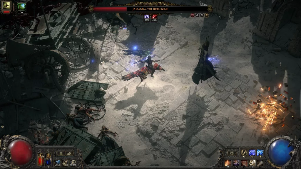 Hud de Path of Exile 2 com a Caçadora montada no Rhoa e enfrentando um chefe.