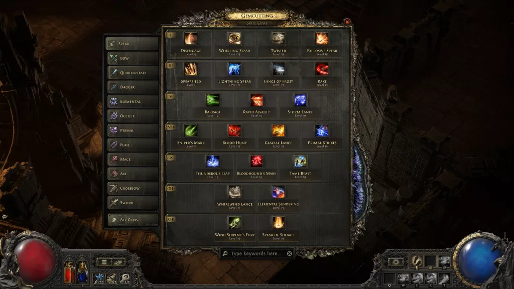 Hud de Path of Exile 2 com as habilidades da Caçadora.