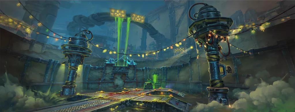 Arena de Combate JxJ com muralhas de metal, torres e plataformas.
