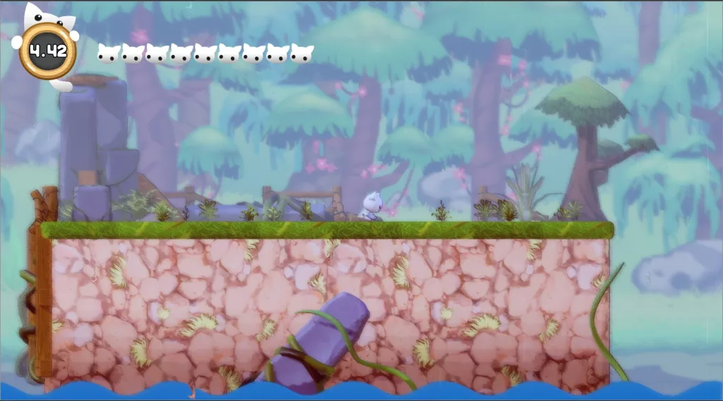Gato em uma plataforma 2D com fundo de floresta.