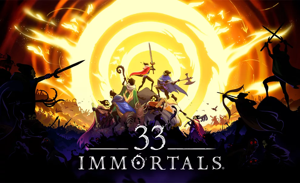 Arte principal de 33 immortals com vários personagens em uma montanha de corpos olhando para uma luz muito forte.