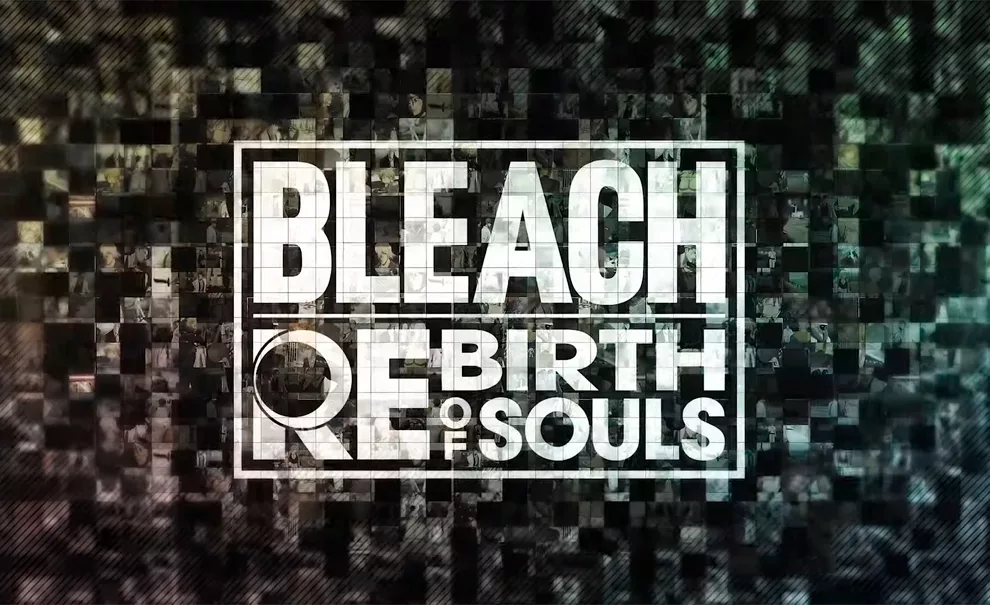 A logo de Bleach Rebirth of Souls à frente de vários quadrados de imagens do anime e do jogo.