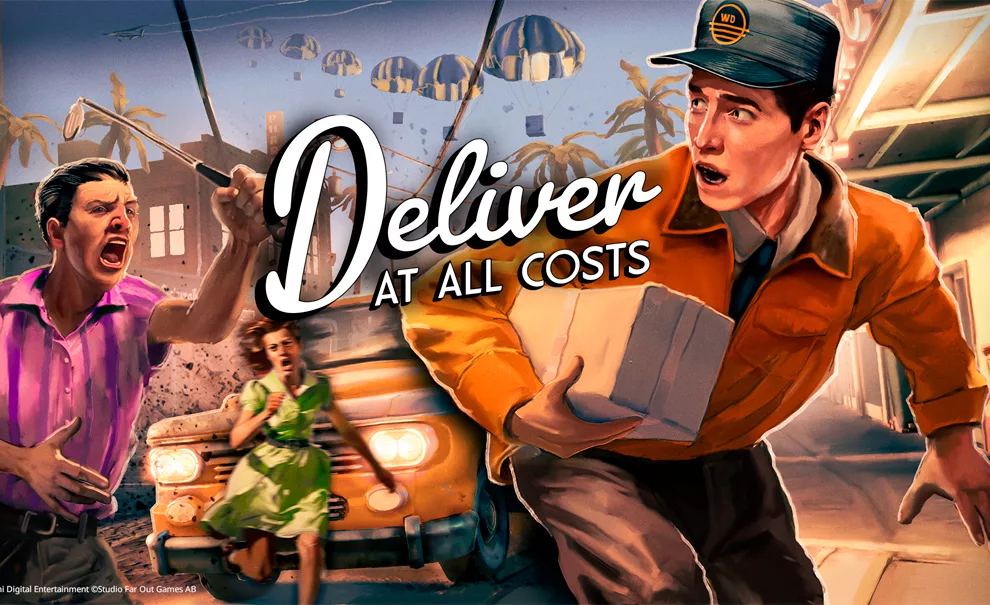 Entregador sendo perseguido por pessoas e um carro na capa de Deliver At All Costs.