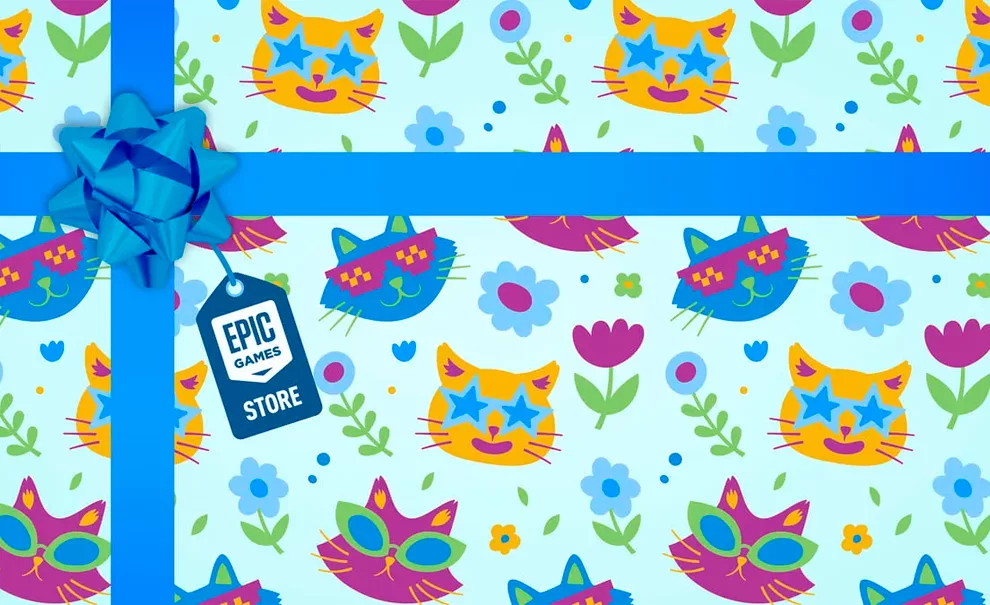 Embrulho de presente com gatinhos de óculos e um laço azul com etiqueta da Epic Games Store.