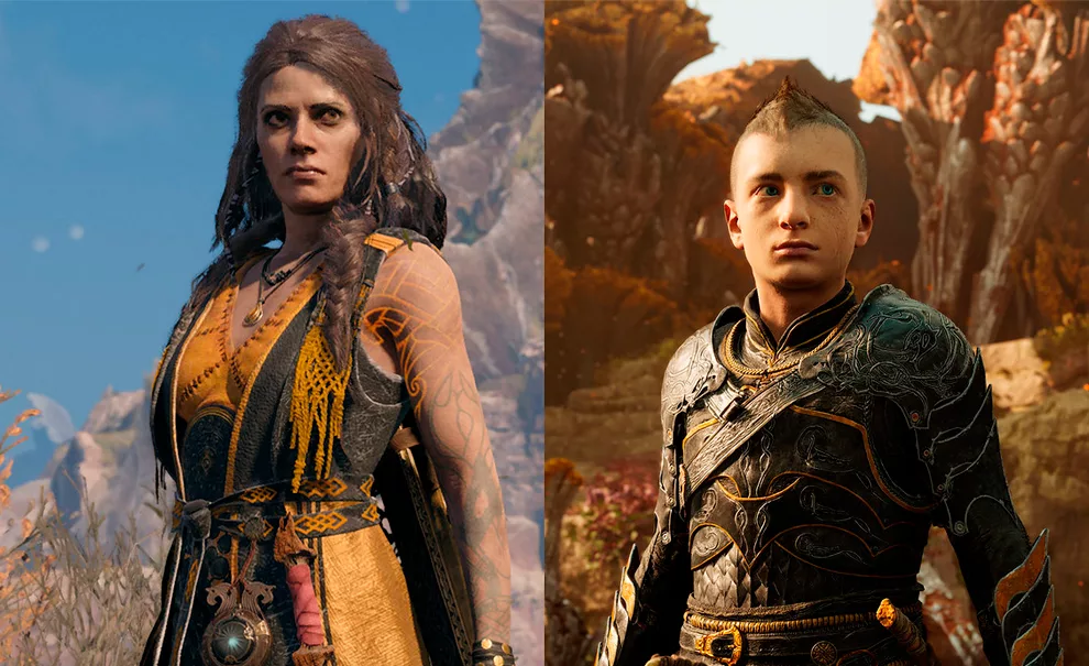 God of War Ragnarök Freya e Atreus com o tema da coleção Odisseia Negra.