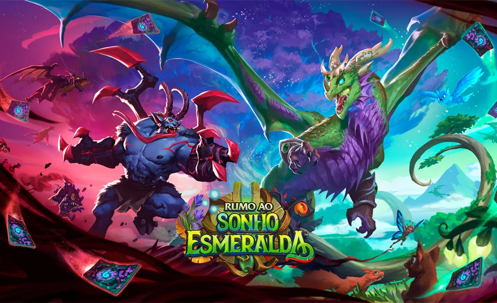 Um demônio e um dragão na capa de Hearthstone Rumo ao Sonho Esmeralda.