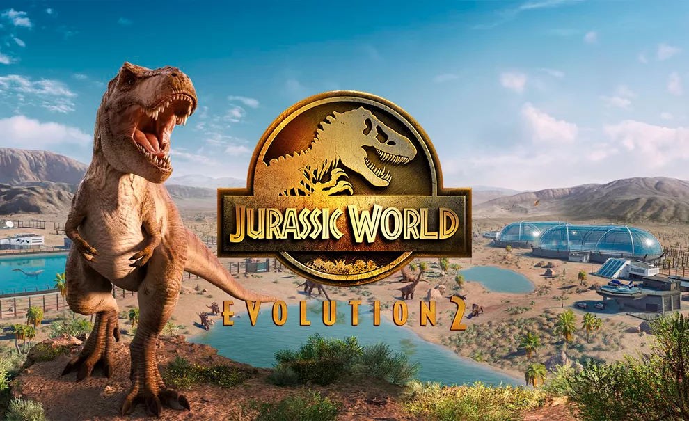 Capa de Jurassic World Evolution 2 com o Tiranossauro Rex em destaque mas com o parque logo atrás com vários outros dinossauros.