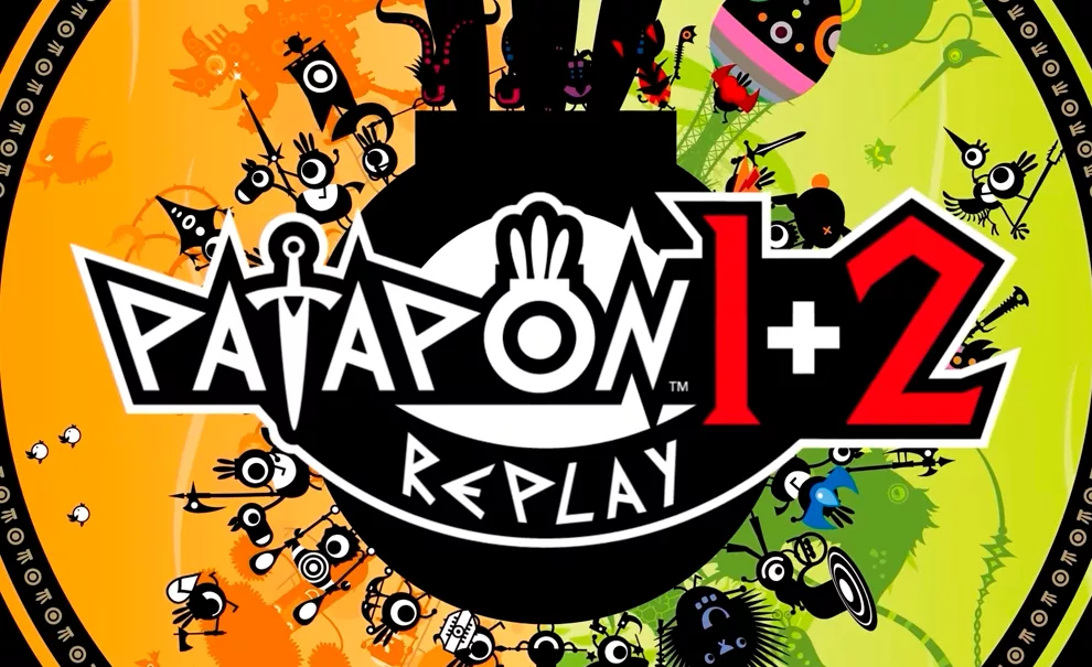 Vários Patapons em volta da Logo de Patapon 1+2 Replay com tons de laranja e verde.