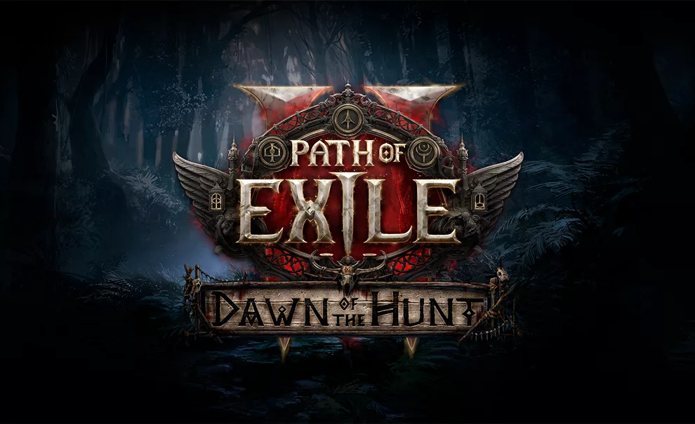 Logo de Path of Exile 2 O Despertar da Caçada com um fundo de uma floresta sombria.