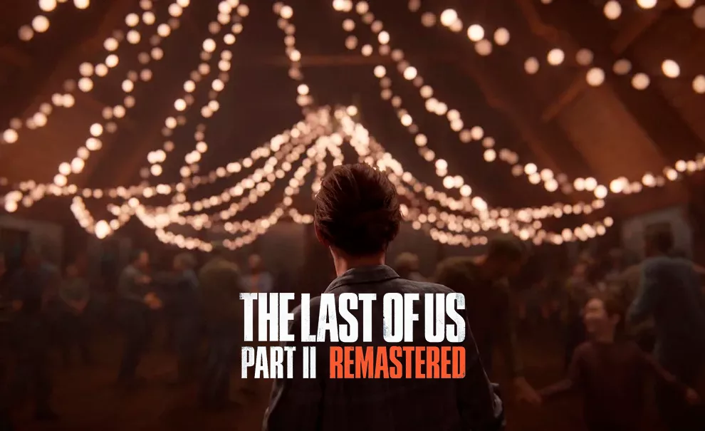 Personagem olhando para um salão iluminado e com pessoas dançando e se divertindo e a logo de The Last of Us Parte II Remastered à frente.