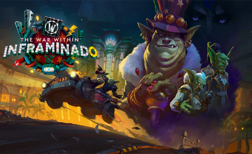 Gallywix ao fundo, junto dos seus capangas em Inframina e um olhar misterioso na escuridão em World of Warcraft.